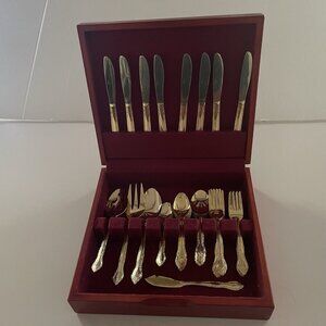 Gold Tone Flatware Stainless Red Wood Box China 45 pc Service for 8 Lightweight